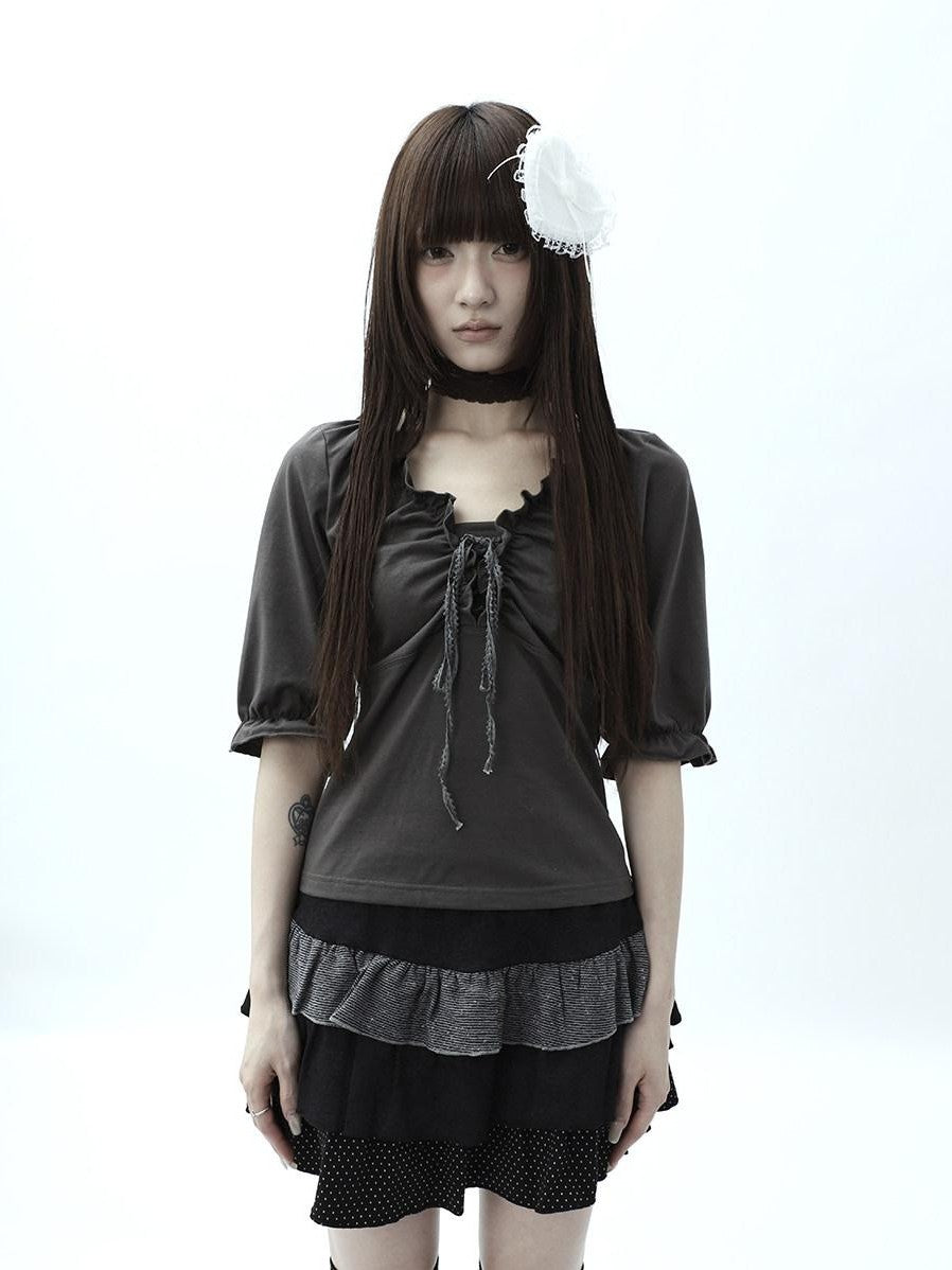 ang project Gray Ruched Ruffle Tie V-neck Cropped Slim Women&