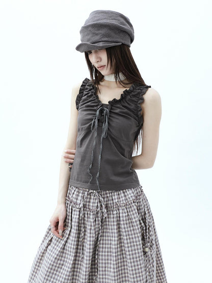 ang project Gray Ruched Ruffle Tie V-neck Cropped Slim Women&