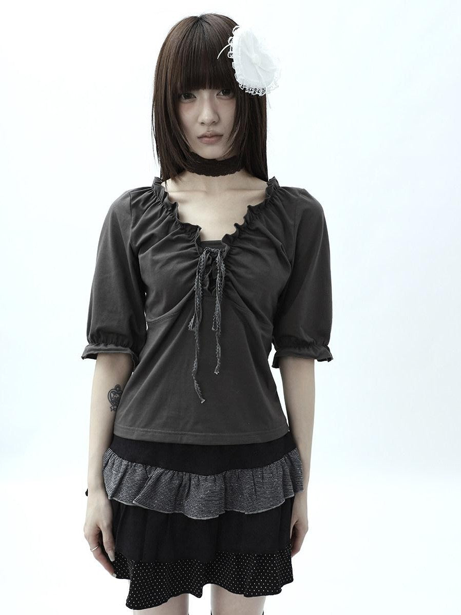 ang project Gray Ruched Ruffle Tie V-neck Cropped Slim Women&