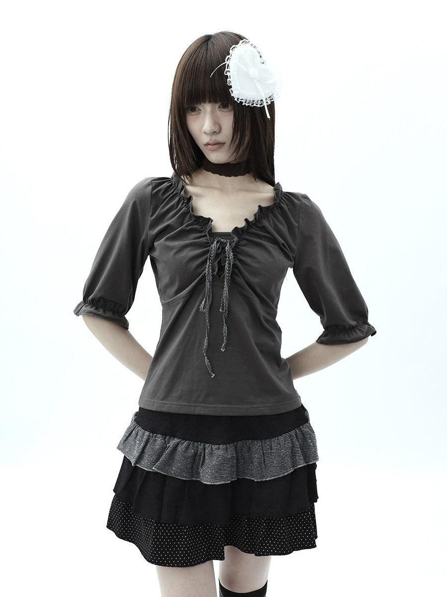 ang project Gray Ruched Ruffle Tie V-neck Cropped Slim Women&