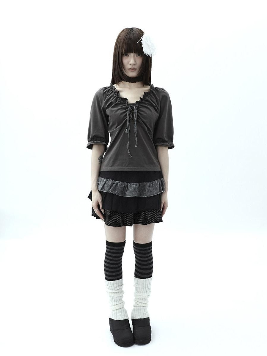 ang project Gray Ruched Ruffle Tie V-neck Cropped Slim Women&