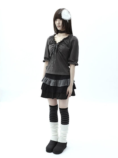 ang project Gray Ruched Ruffle Tie V-neck Cropped Slim Women&