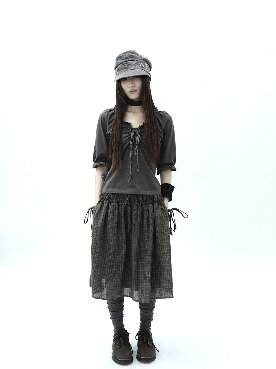 ang project Gray Ruched Ruffle Tie V-neck Cropped Slim Women&