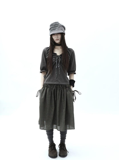 ang project Gray Ruched Ruffle Tie V-neck Cropped Slim Women&