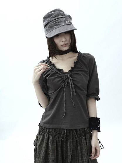 ang project Gray Ruched Ruffle Tie V-neck Cropped Slim Women&