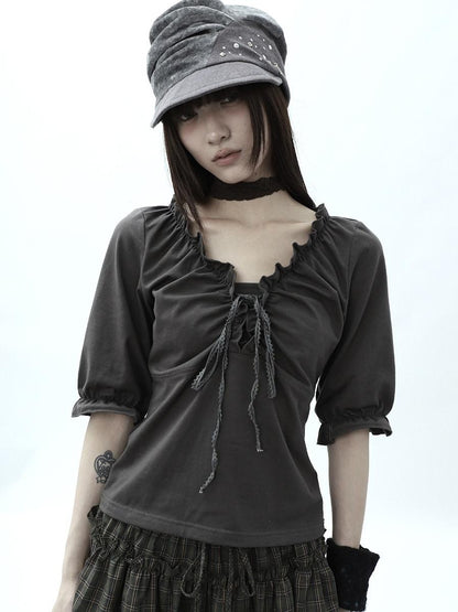 ang project Gray Ruched Ruffle Tie V-neck Cropped Slim Women&