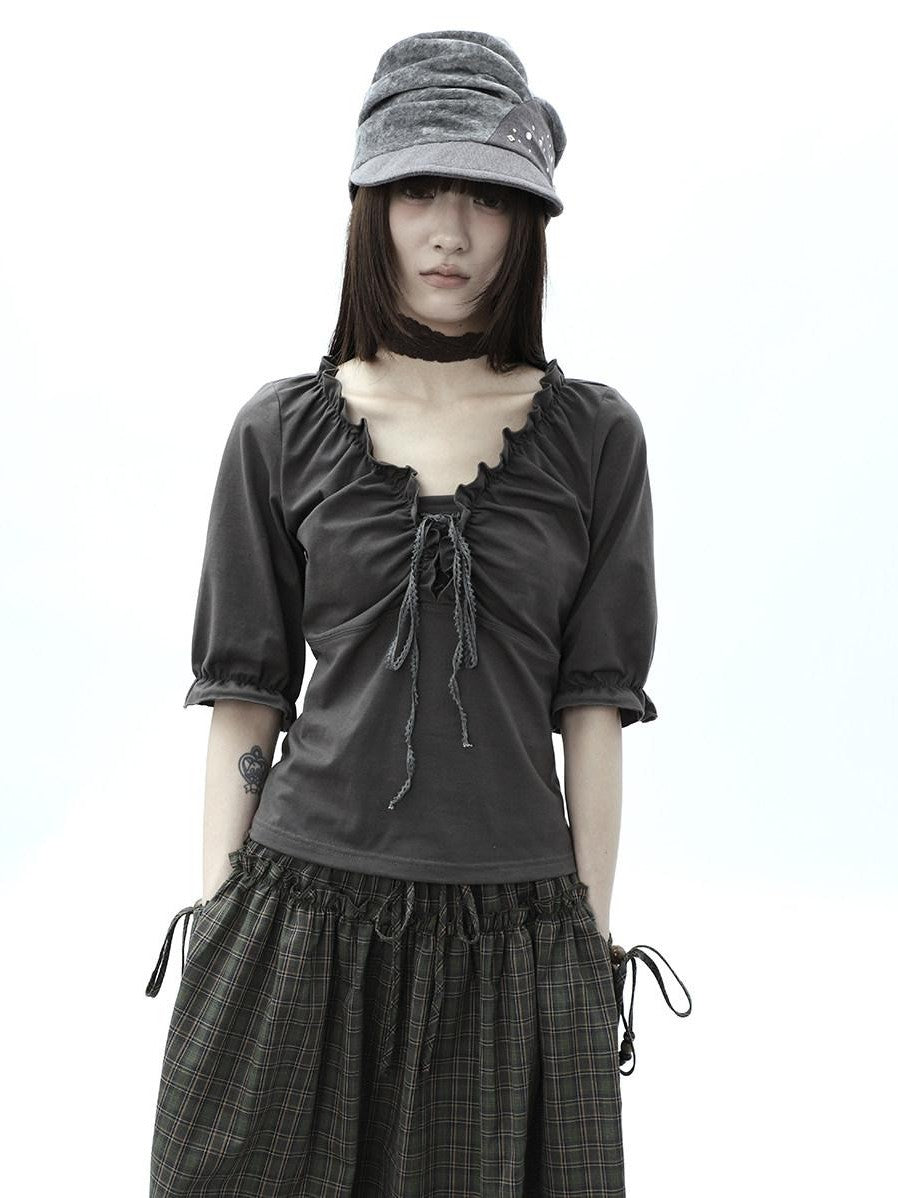ang project Gray Ruched Ruffle Tie V-neck Cropped Slim Women&