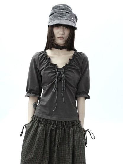 ang project Gray Ruched Ruffle Tie V-neck Cropped Slim Women&