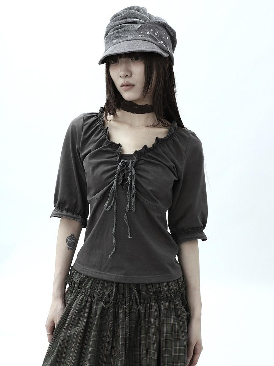 ang project Gray Ruched Ruffle Tie V-neck Cropped Slim Women&