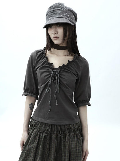 ang project Gray Ruched Ruffle Tie V-neck Cropped Slim Women&