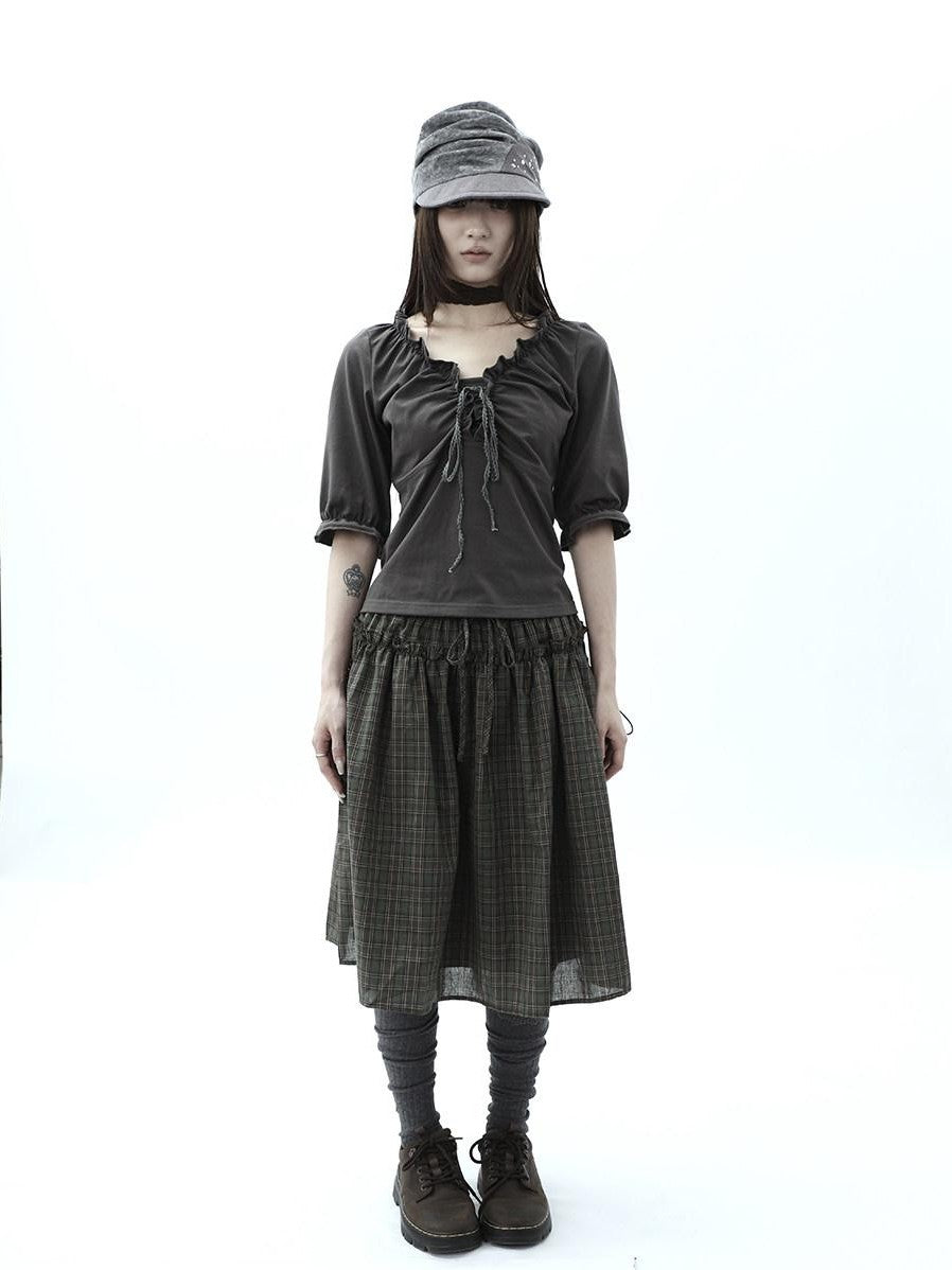 ang project Gray Ruched Ruffle Tie V-neck Cropped Slim Women&