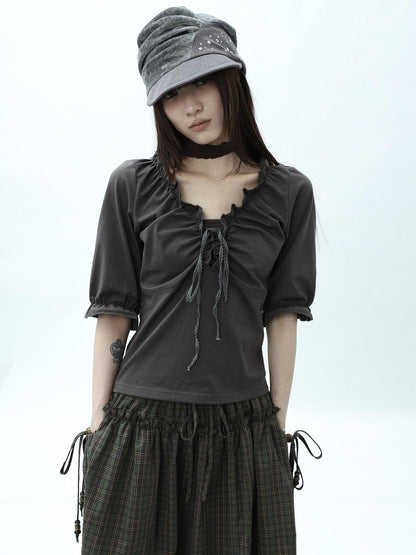 ang project Gray Ruched Ruffle Tie V-neck Cropped Slim Women&