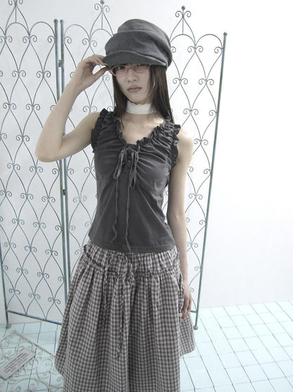ang project Gray Ruched Ruffle Tie V-neck Cropped Slim Women&