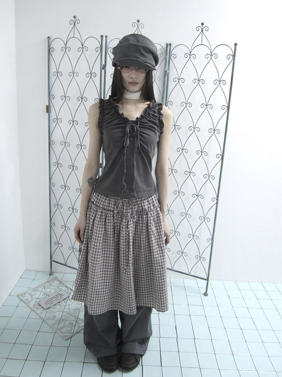 ang project Gray Ruched Ruffle Tie V-neck Cropped Slim Women&