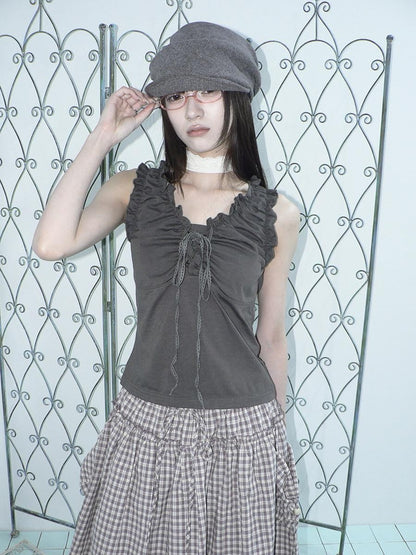 ang project Gray Ruched Ruffle Tie V-neck Cropped Slim Women&