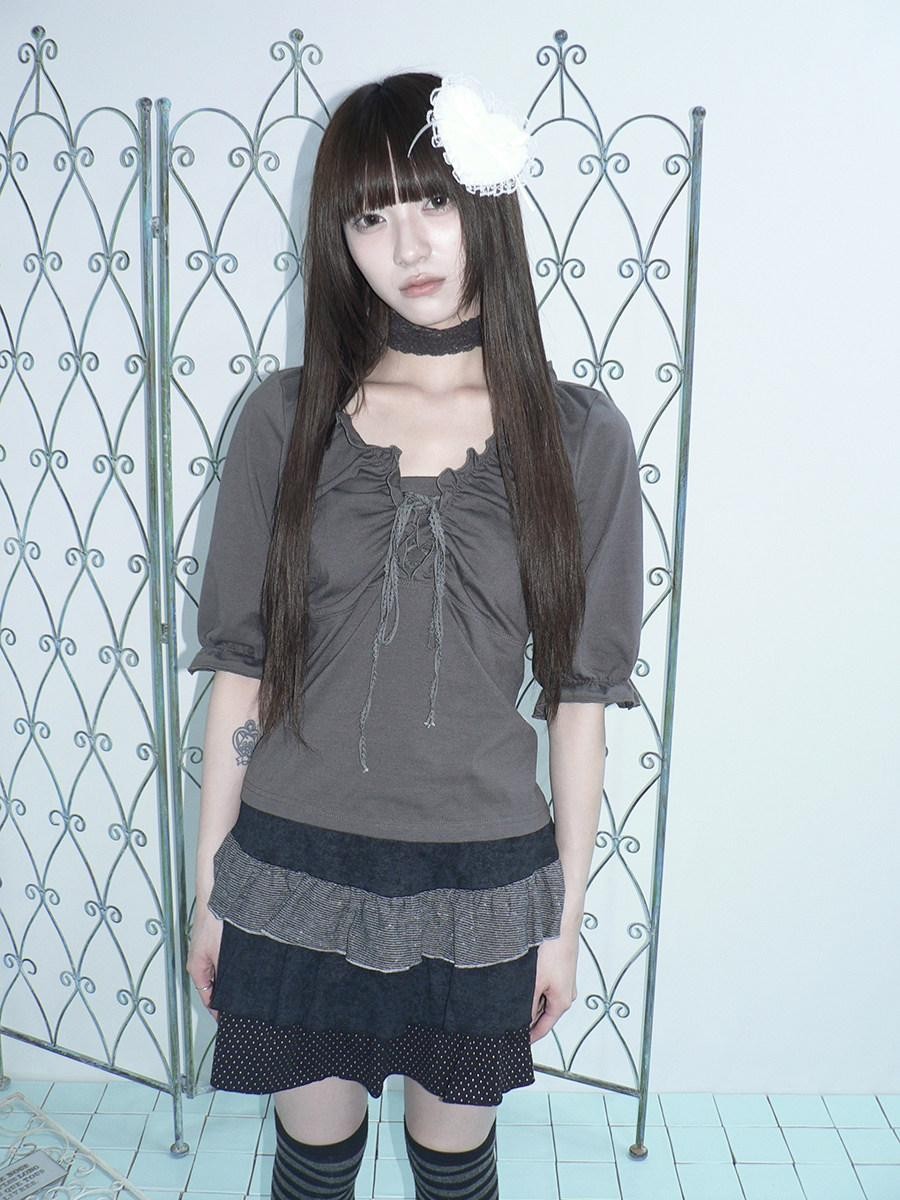 ang project Gray Ruched Ruffle Tie V-neck Cropped Slim Women&