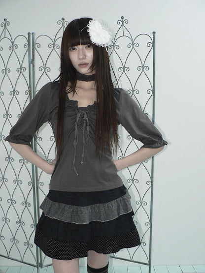 ang project Gray Ruched Ruffle Tie V-neck Cropped Slim Women&