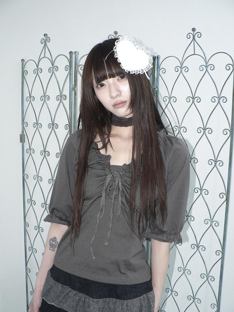 ang project Gray Ruched Ruffle Tie V-neck Cropped Slim Women&
