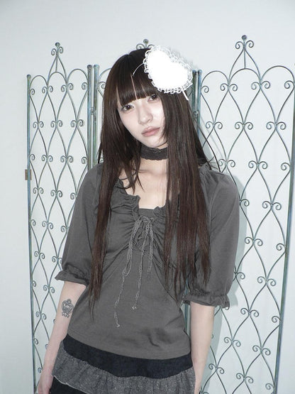 ang project Gray Ruched Ruffle Tie V-neck Cropped Slim Women&