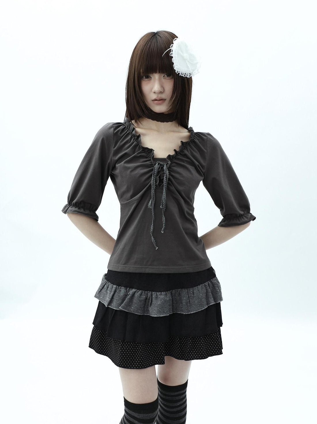 ang project Gray Ruched Ruffle Tie V-neck Cropped Slim Women&