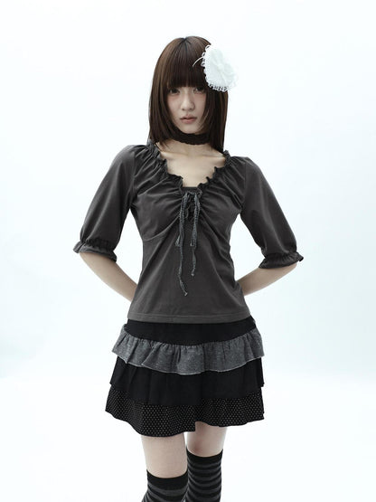 ang project Gray Ruched Ruffle Tie V-neck Cropped Slim Women&