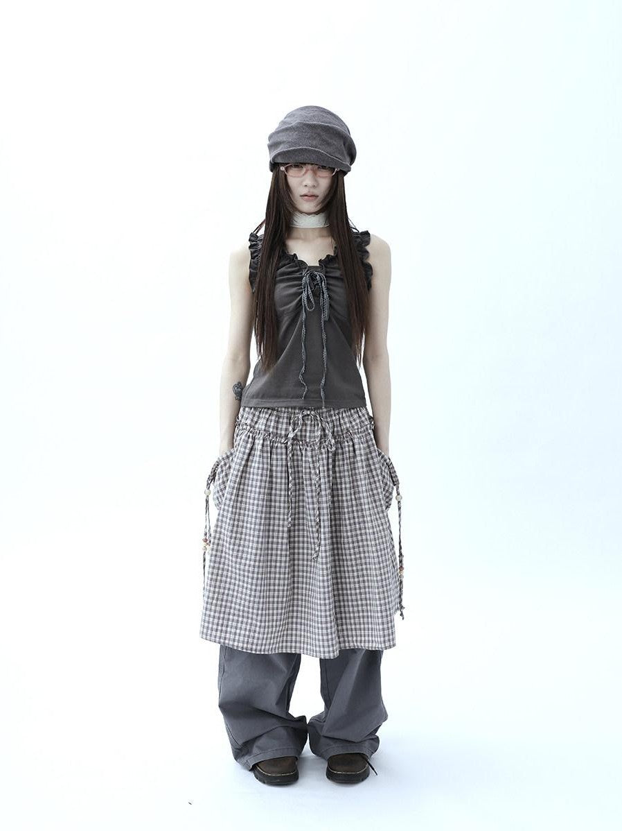 ang project Gray Ruched Ruffle Tie V-neck Cropped Slim Women&