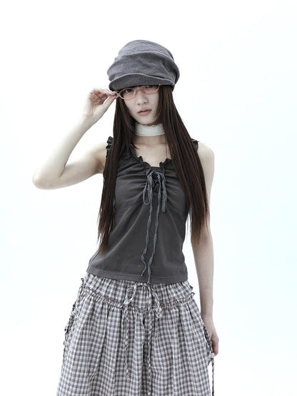 ang project Gray Ruched Ruffle Tie V-neck Cropped Slim Women&
