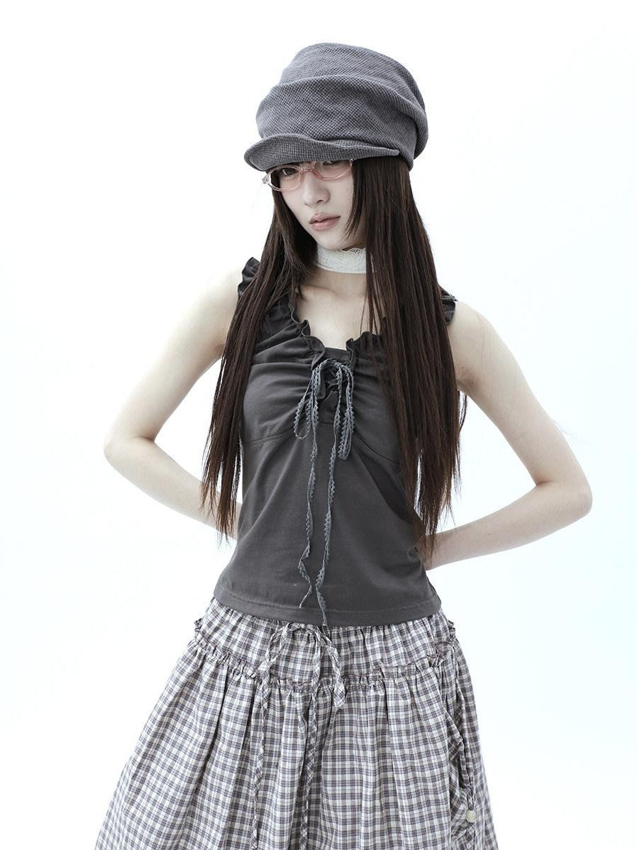 ang project Gray Ruched Ruffle Tie V-neck Cropped Slim Women&