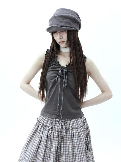 ang project Gray Ruched Ruffle Tie V-neck Cropped Slim Women&
