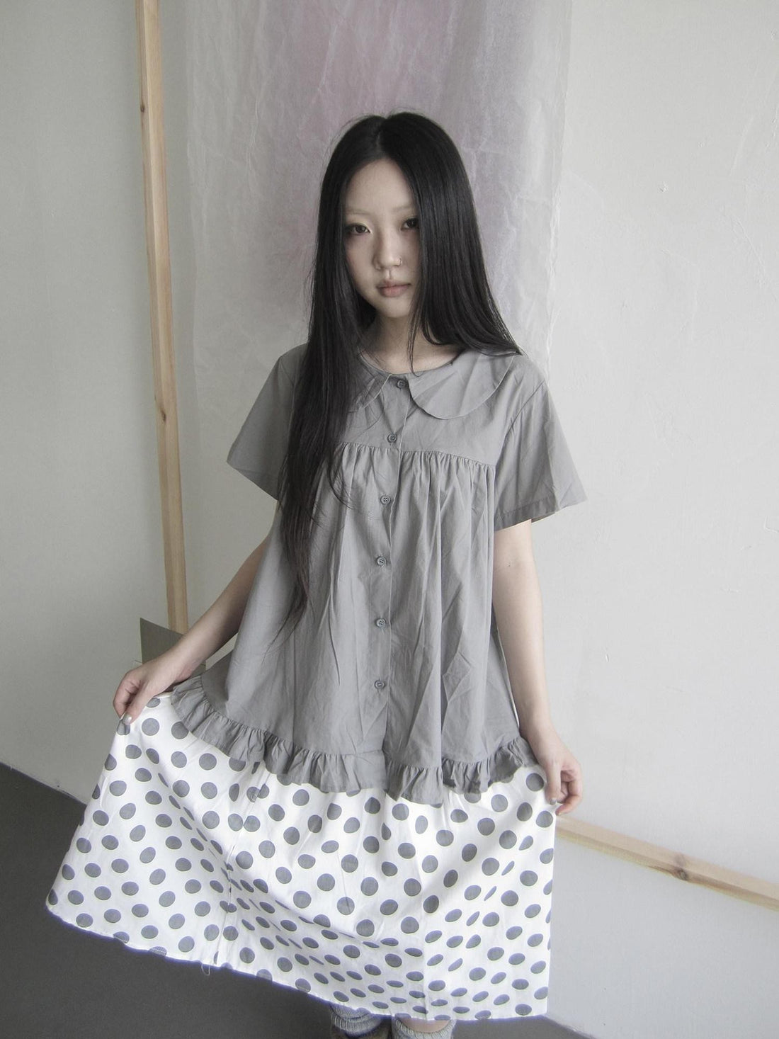 ang project Gray Ruffle Peter Pan Collar Single Row Button Vintage Women&