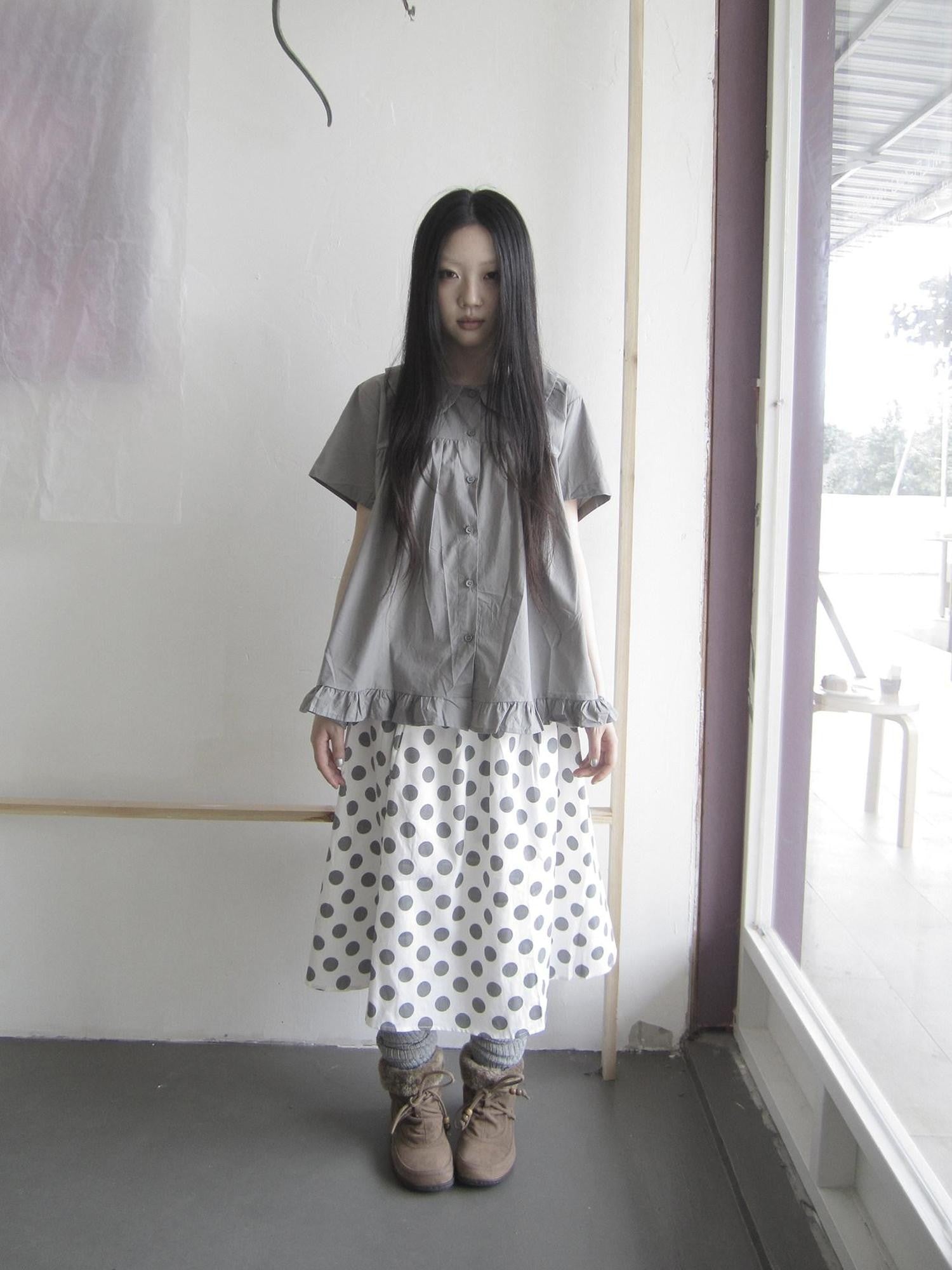 ang project Gray Ruffle Peter Pan Collar Single Row Button Vintage Women&
