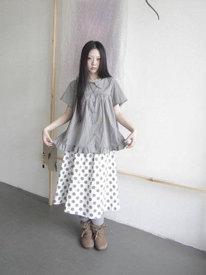 ang project Gray Ruffle Peter Pan Collar Single Row Button Vintage Women&