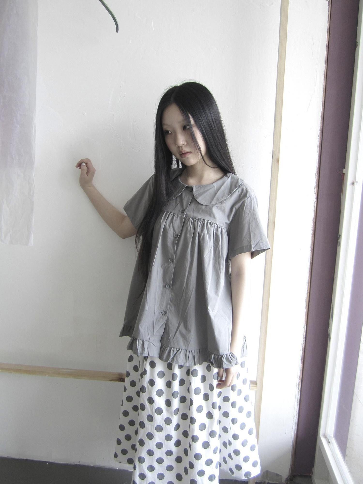 ang project Gray Ruffle Peter Pan Collar Single Row Button Vintage Women&