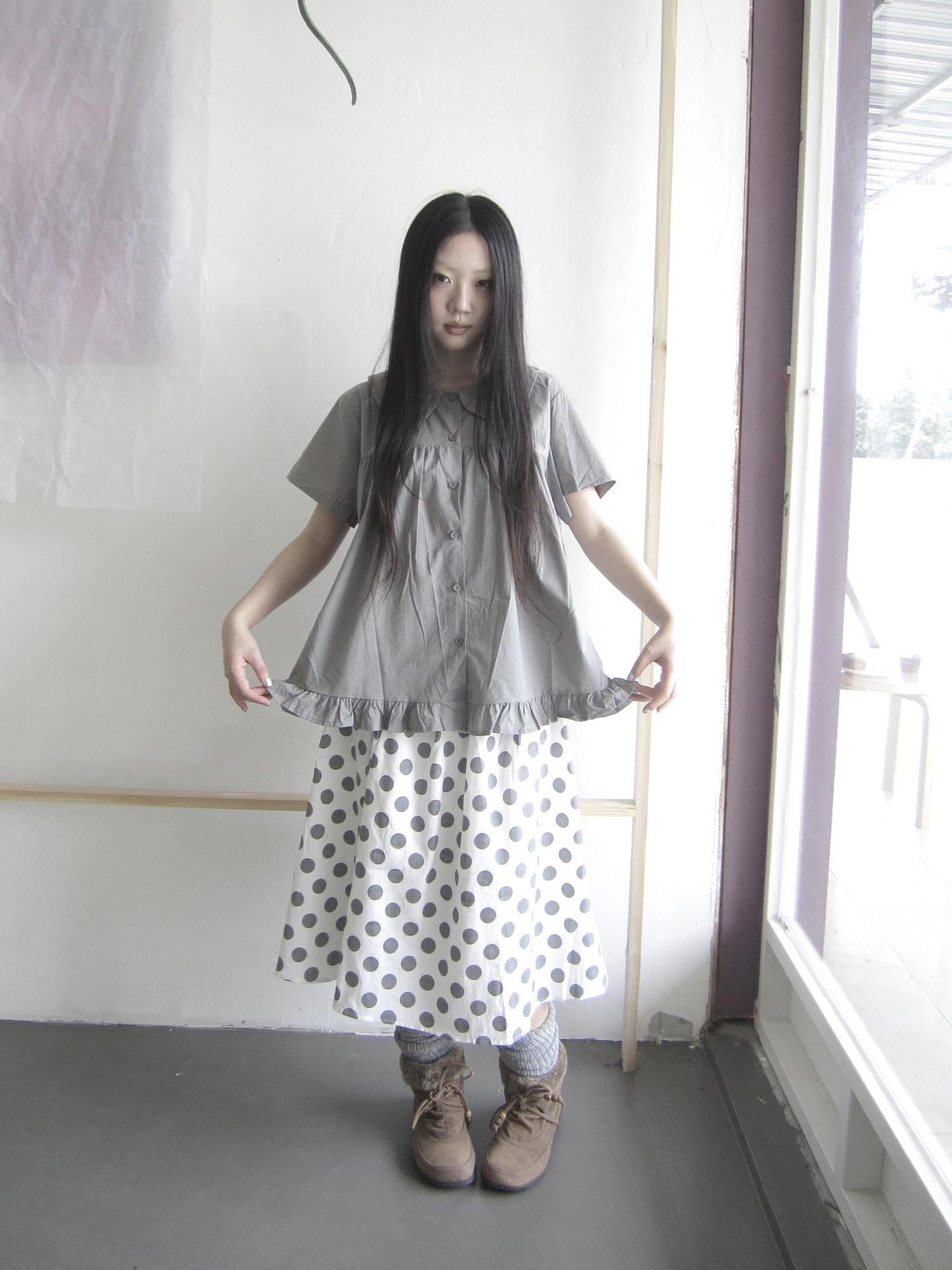 ang project Gray Ruffle Peter Pan Collar Single Row Button Vintage Women&