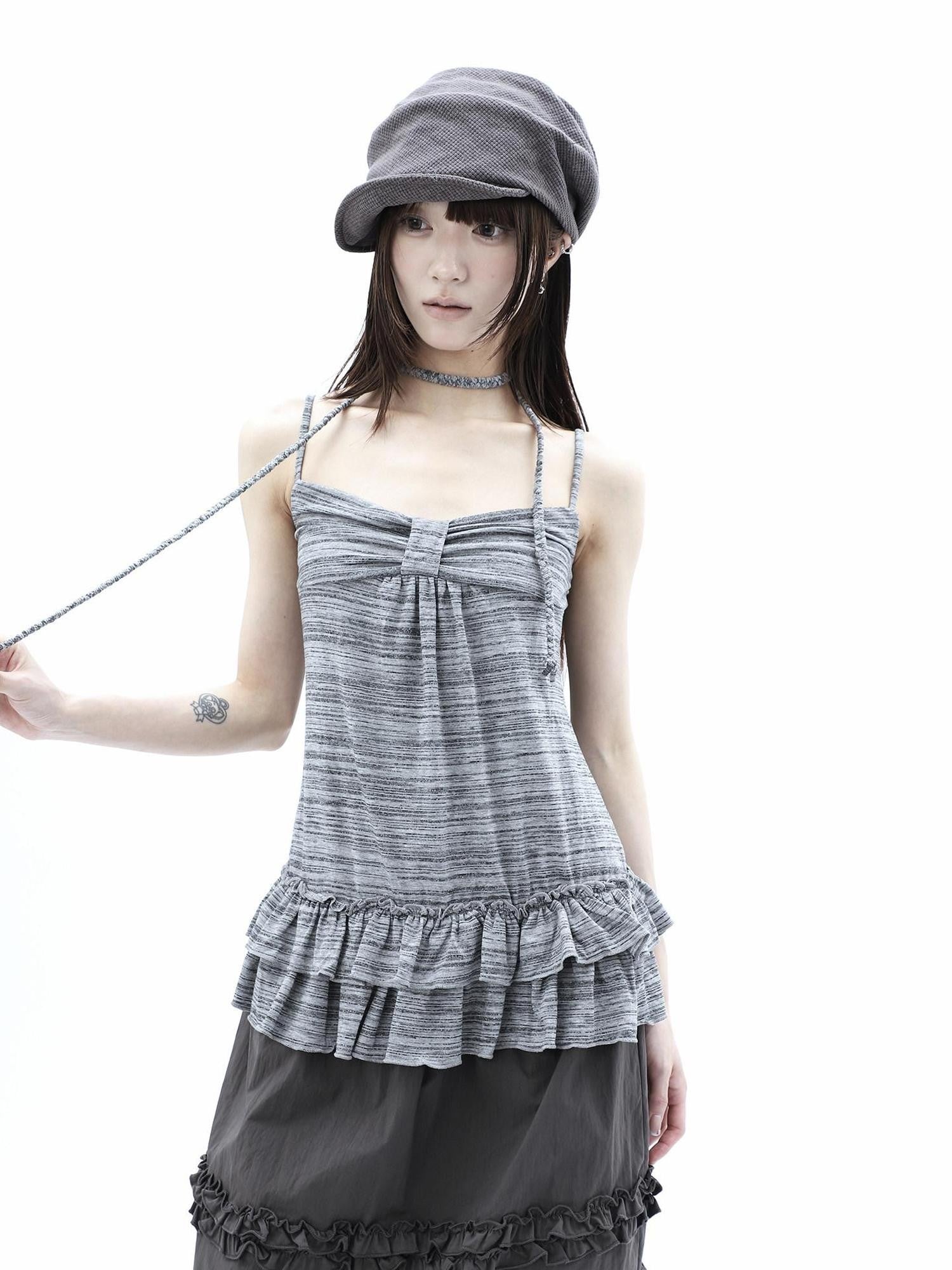 ang project Gray Striped Asymmetric Double Layer Tie Detail Women&