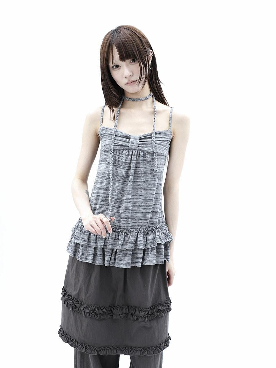 ang project Gray Striped Asymmetric Double Layer Tie Detail Women&