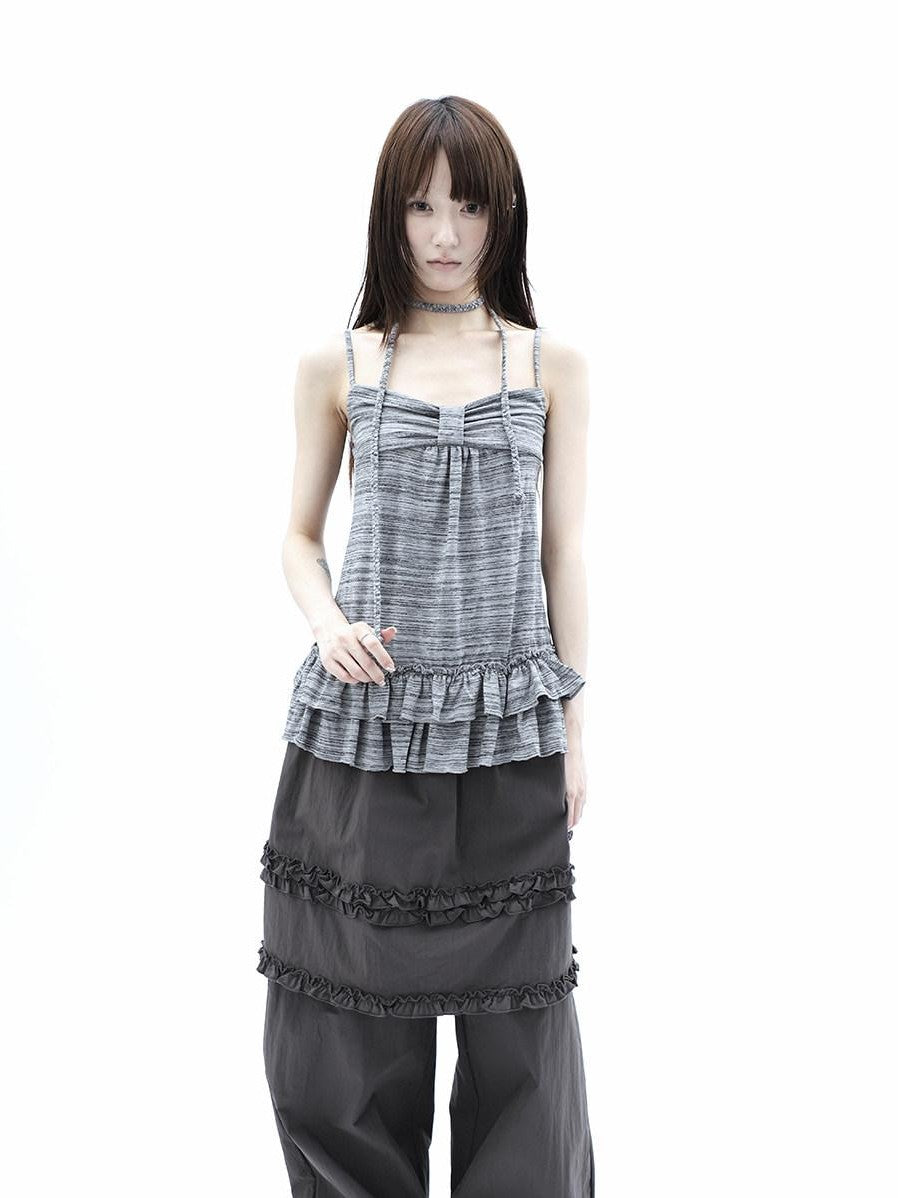 ang project Gray Striped Asymmetric Double Layer Tie Detail Women&