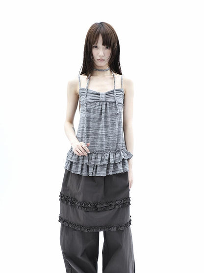 ang project Gray Striped Asymmetric Double Layer Tie Detail Women&