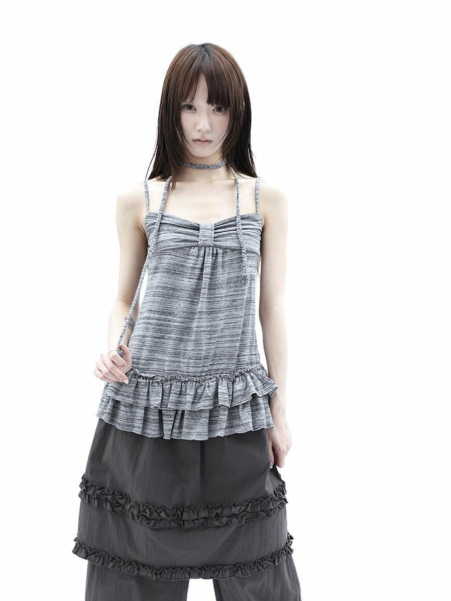 ang project Gray Striped Asymmetric Double Layer Tie Detail Women&