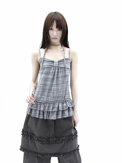 ang project Gray Striped Asymmetric Double Layer Tie Detail Women&