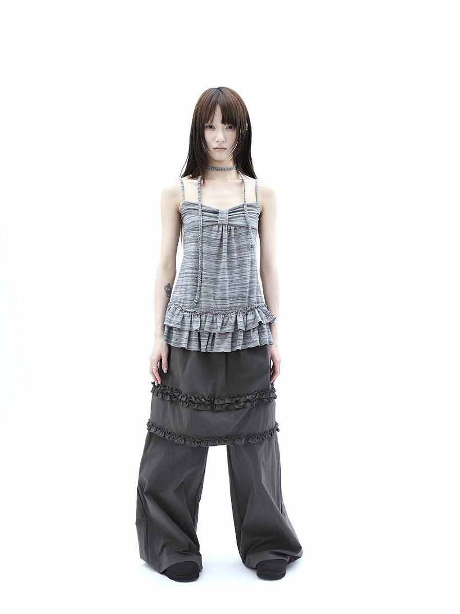 ang project Gray Striped Asymmetric Double Layer Tie Detail Women&