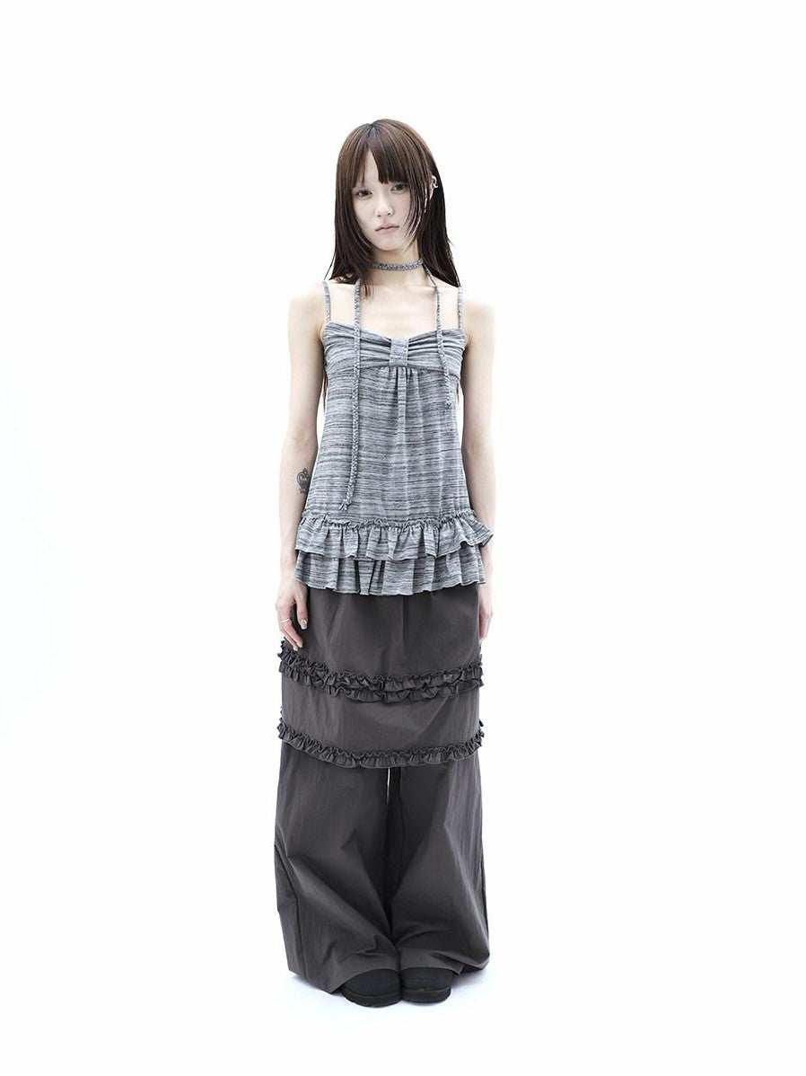 ang project Gray Striped Asymmetric Double Layer Tie Detail Women&