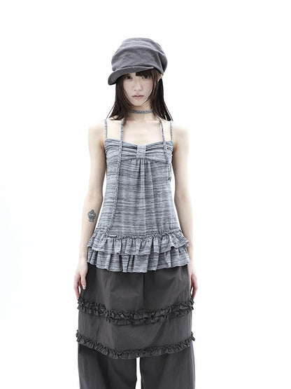ang project Gray Striped Asymmetric Double Layer Tie Detail Women&