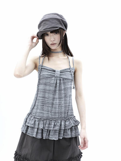ang project Gray Striped Asymmetric Double Layer Tie Detail Women&
