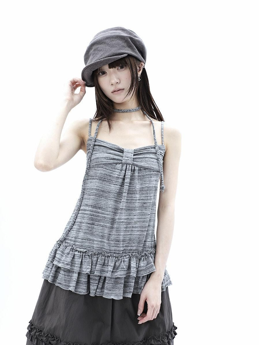 ang project Gray Striped Asymmetric Double Layer Tie Detail Women&