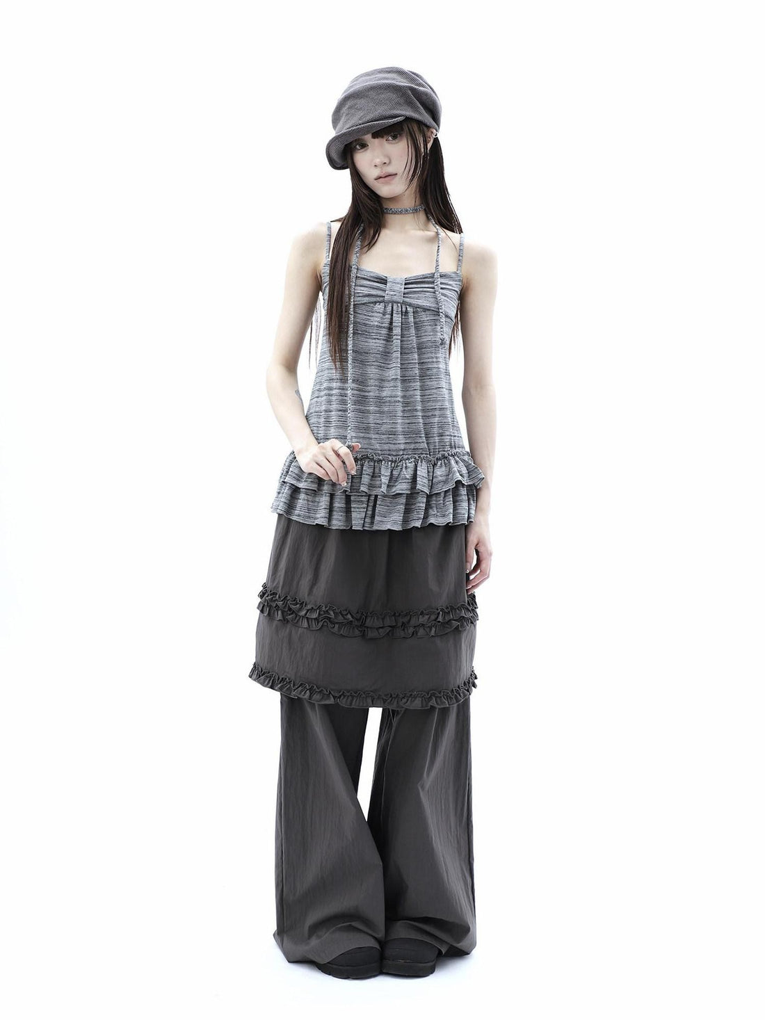 ang project Gray Striped Asymmetric Double Layer Tie Detail Women&