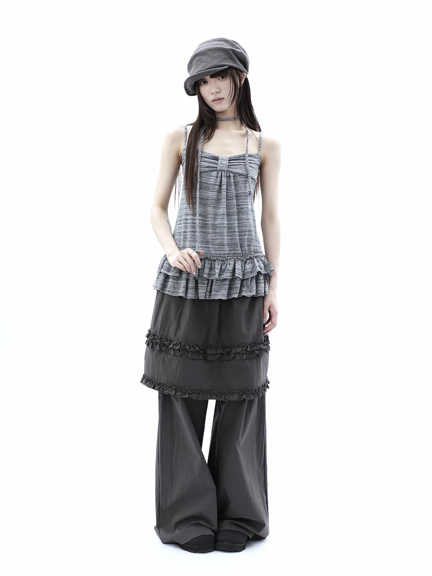 ang project Gray Striped Asymmetric Double Layer Tie Detail Women&