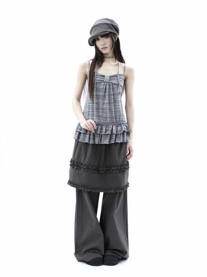 ang project Gray Striped Asymmetric Double Layer Tie Detail Women&