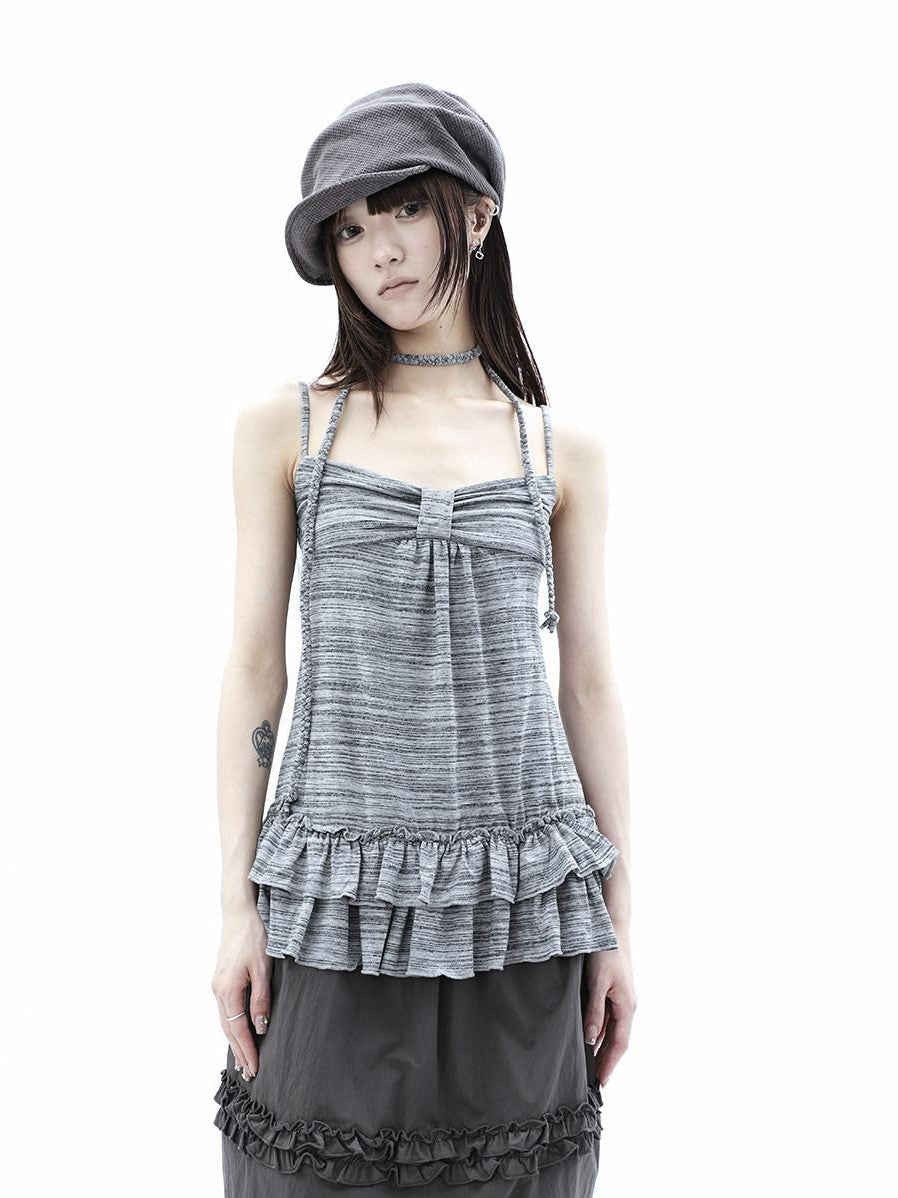 ang project Gray Striped Asymmetric Double Layer Tie Detail Women&