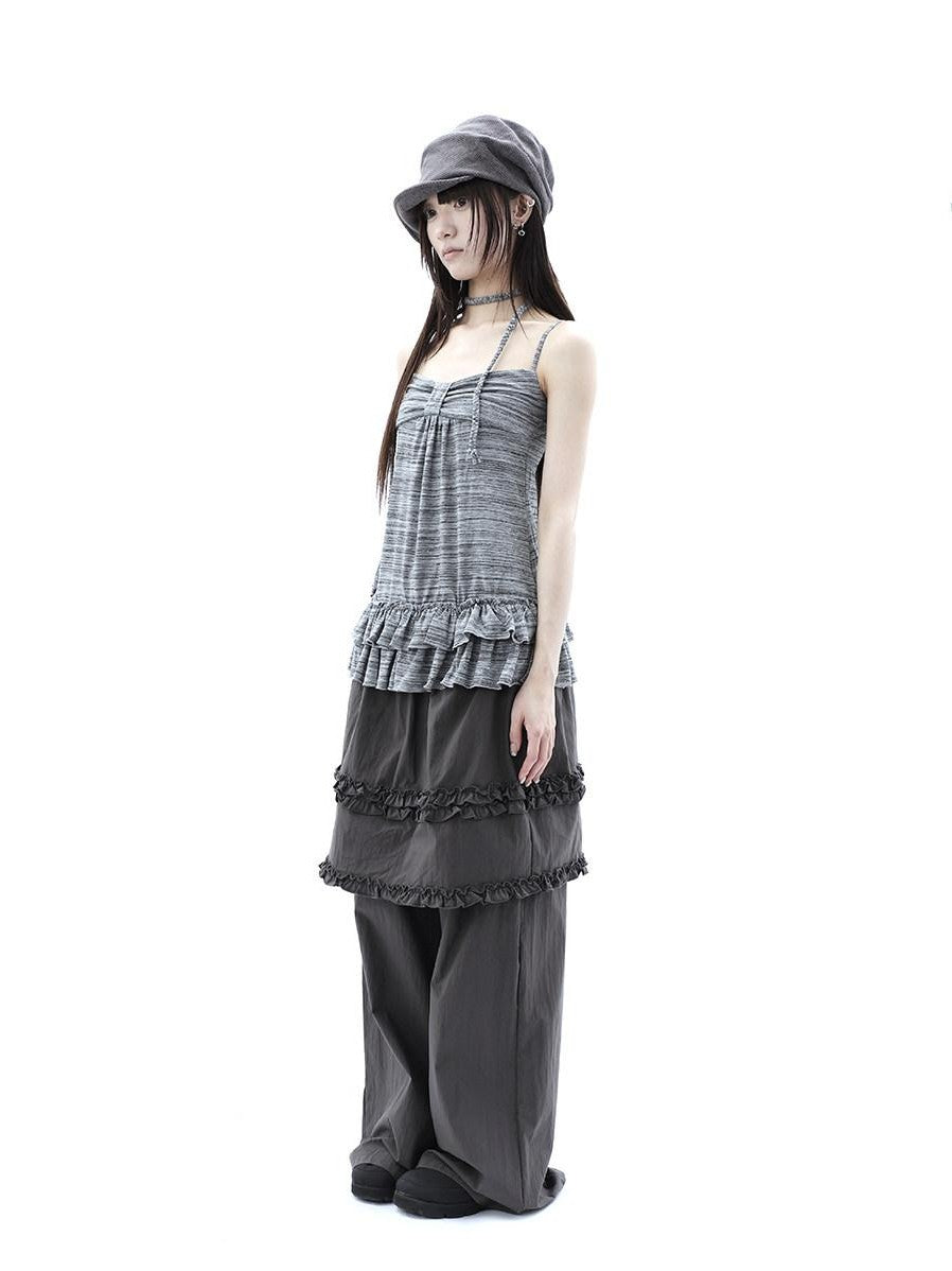 ang project Gray Striped Asymmetric Double Layer Tie Detail Women&